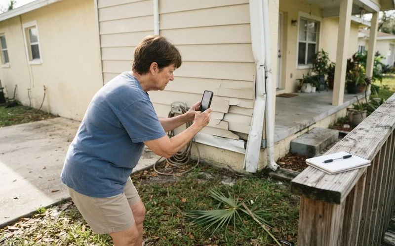 A homeowner photographs storm damaged siding panels on an exterior wall to document a Lake County insurance claim