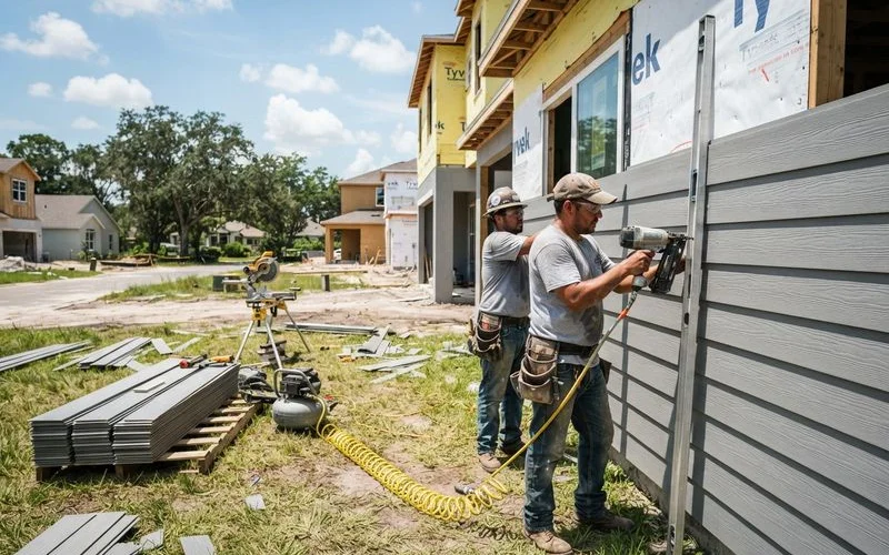 A crew installs fiber cement lap siding boards on the exterior wall of a single-story Florida home using a specialized saw