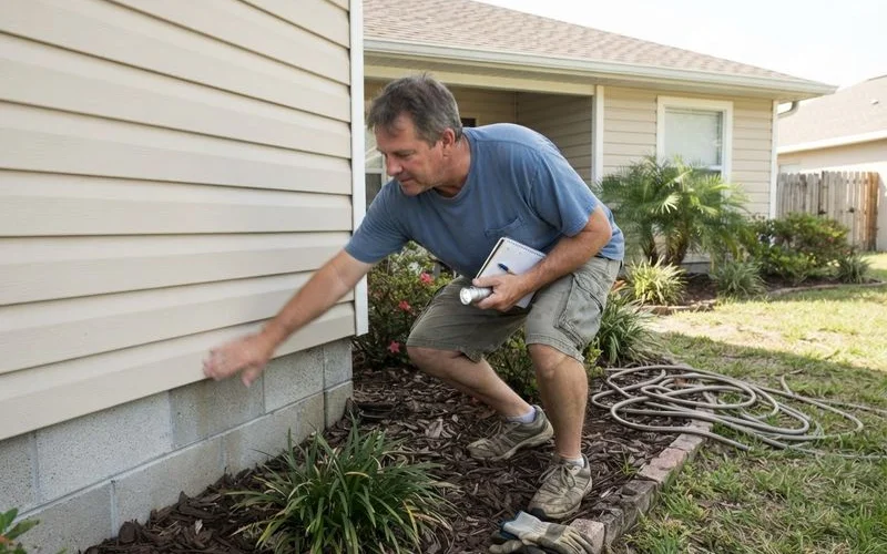 A first time homeowner walks around the exterior of a newly purchased home inspecting the condition of the siding