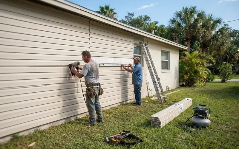 Close-up of vinyl siding panels being installed on the exterior wall of a Florida home by a contractor