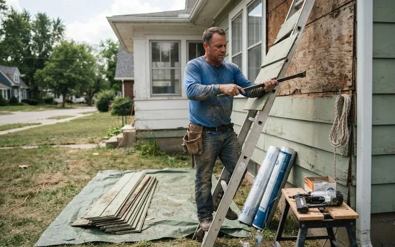 A siding installation crew removes old panels from a wall to expose the sheathing before installing new siding